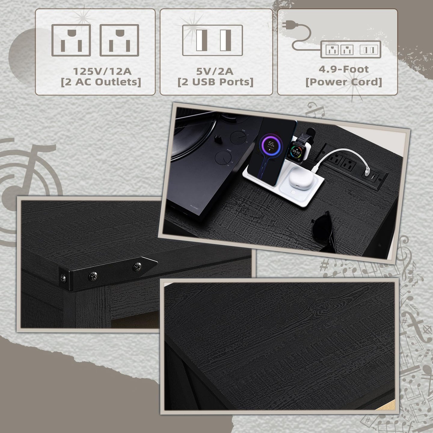 Record player stand power panel with AC outlets, USB ports, and power cord diagram