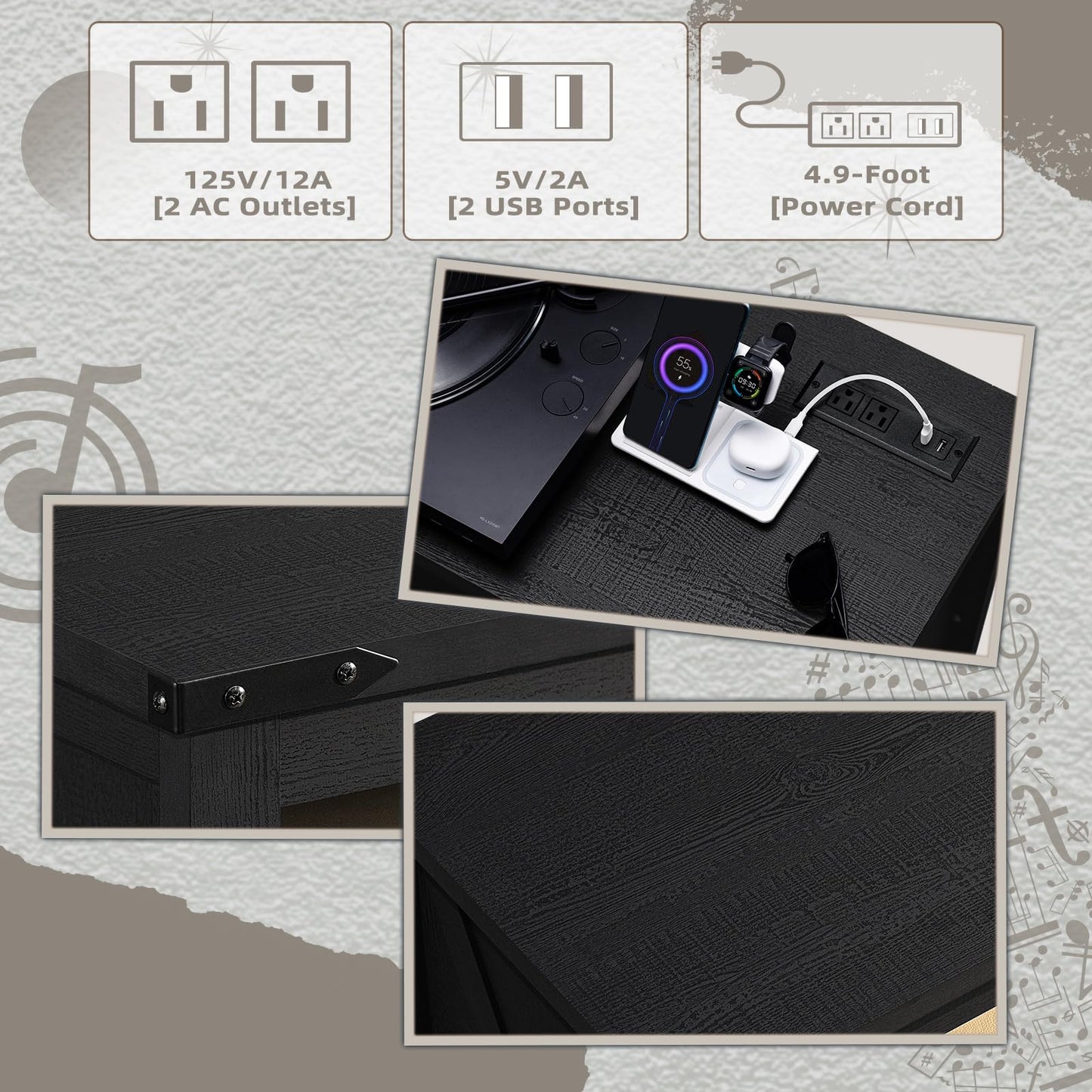 Record player stand power panel with AC outlets, USB ports, and power cord diagram