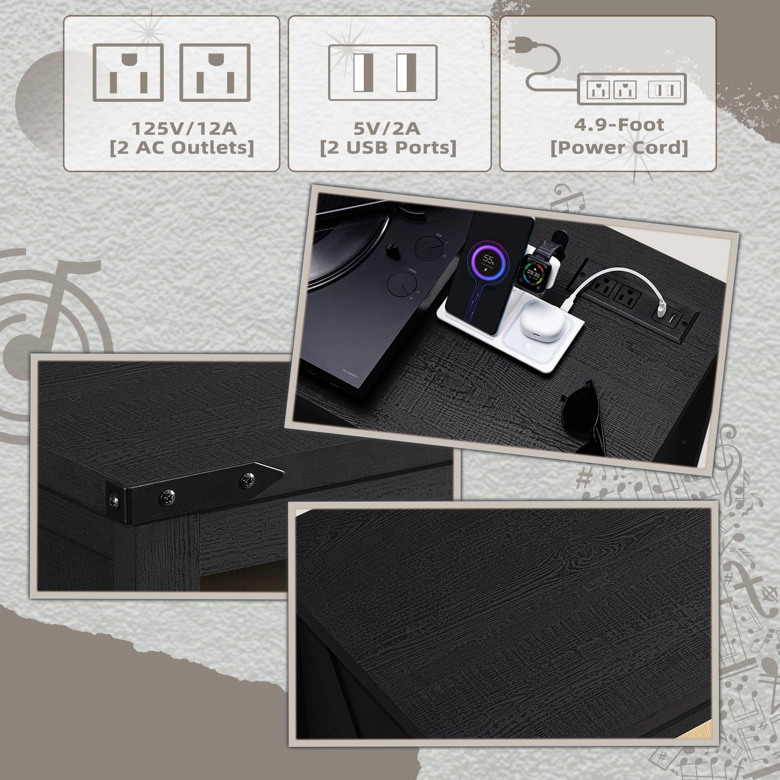 Record player stand with charging panel: AC outlets and USB ports near the turntable