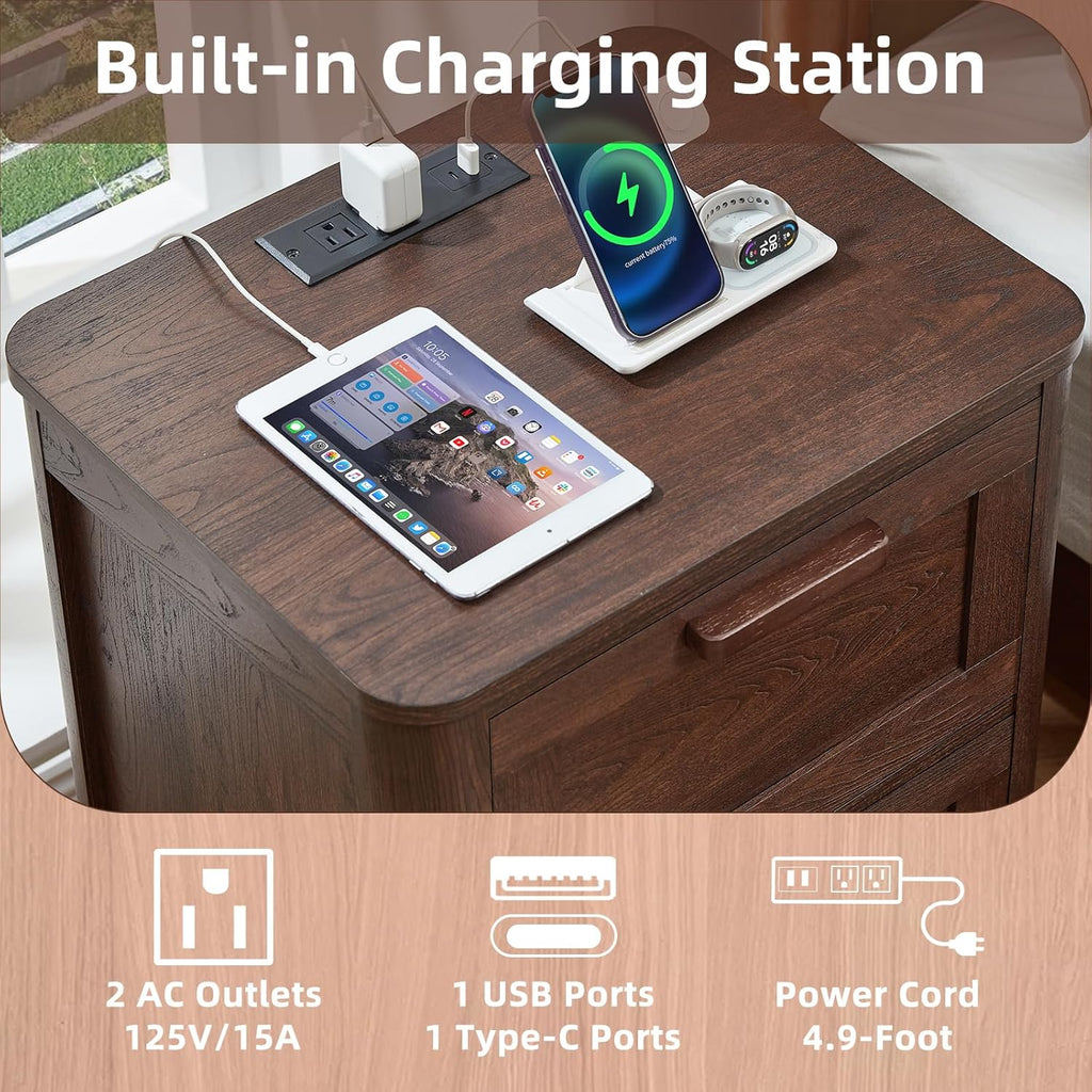Walnut nightstand with built-in charging station, USB-C, USB, and AC outlets