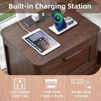 Walnut nightstand with built-in charging station, USB-C, USB, and AC outlets