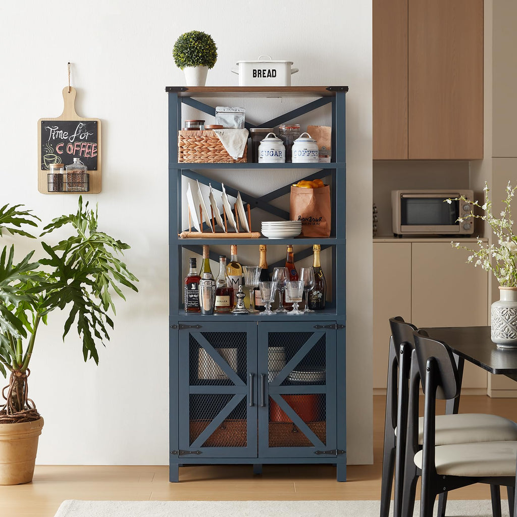 Slate blue tall bookshelf with books on open shelves and mesh barn doors