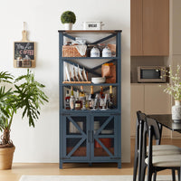 Blue storage bookcase with open shelving and two mesh barn doors with X accents