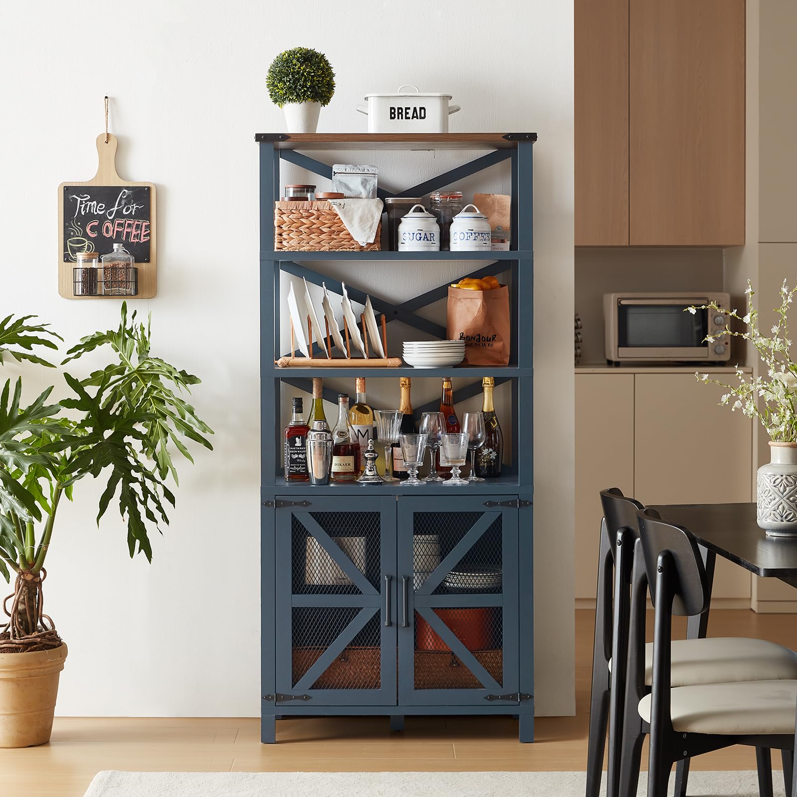 Slate blue tall bookshelf with books on open shelves and mesh barn doors