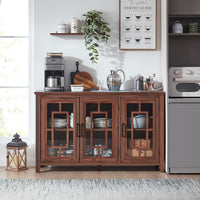 Brown sideboard buffet cabinet with three glass-front door panels