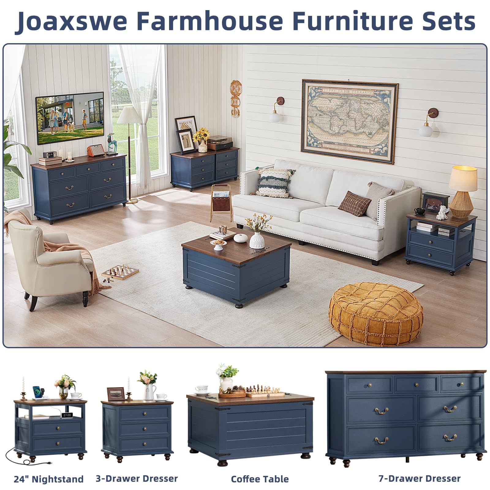 Farmhouse furniture set featuring a square coffee table with hidden storage and hinged lift top, blue