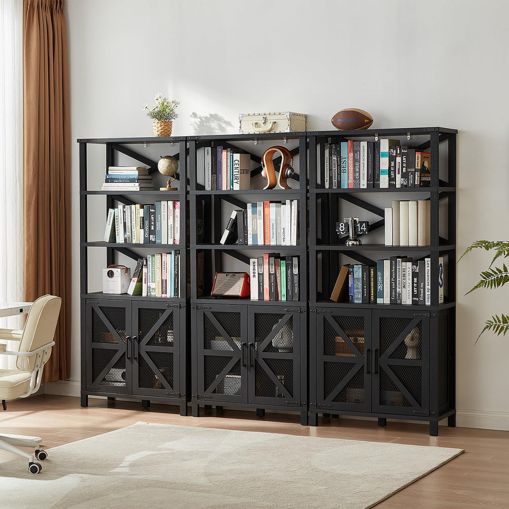 Black farmhouse 7-tier bookcase with cabinet doors, mesh panels, and adjustable shelves