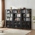 Black farmhouse 7-tier bookcase with cabinet doors, mesh panels, and adjustable shelves