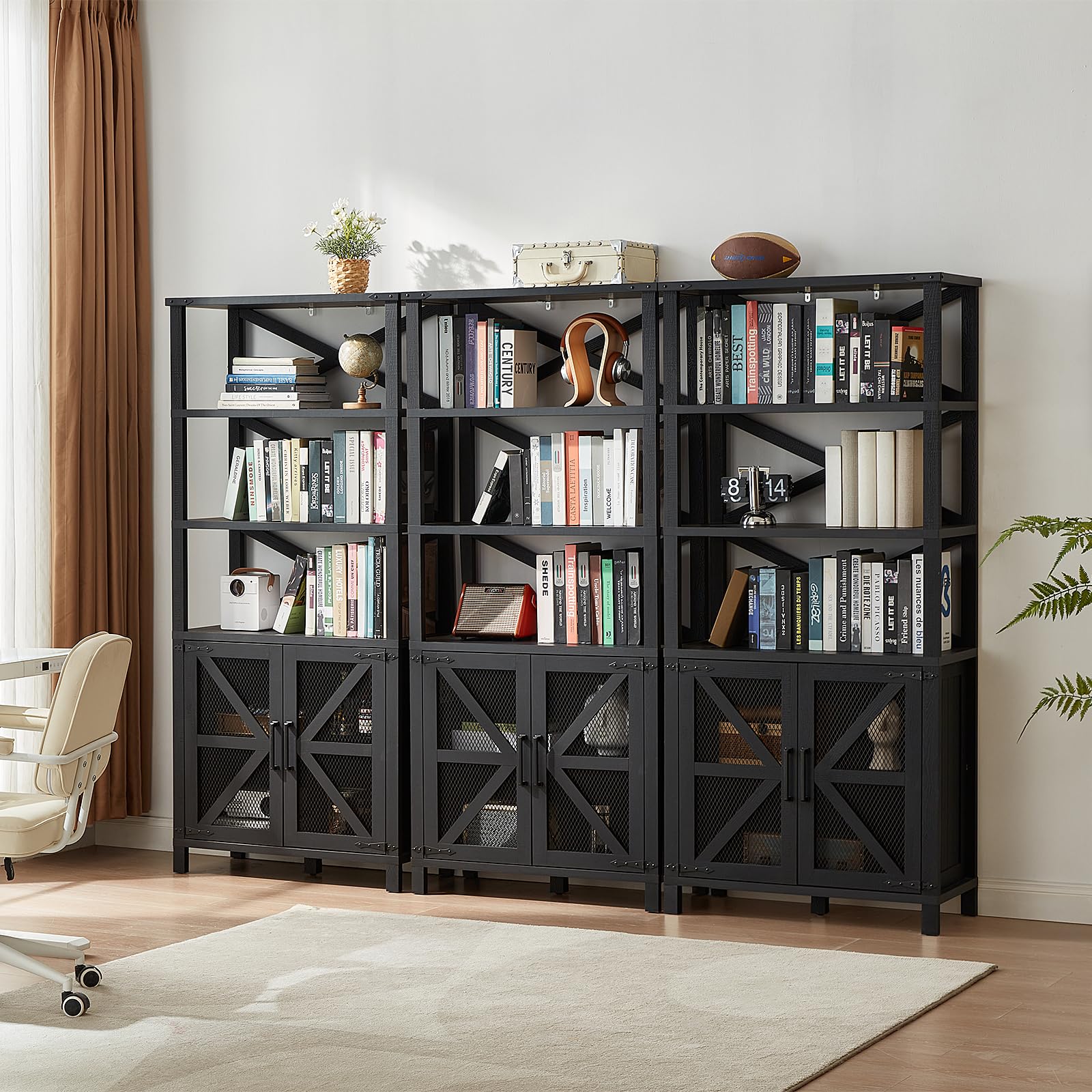 72in Tall Bookshelf 7 Tier Bookcase with Drawer and Barn Doors and Adjustable Shelves, Black Farmhouse Book Shelf with Storage Cabinet, Wood Freestanding Display Bookshelves for Living Room