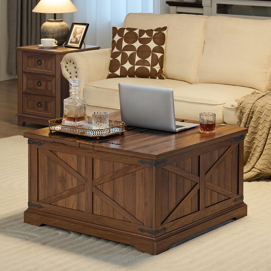 Brown square lift-top coffee table with decorative crosshatch pattern on cabinet doors