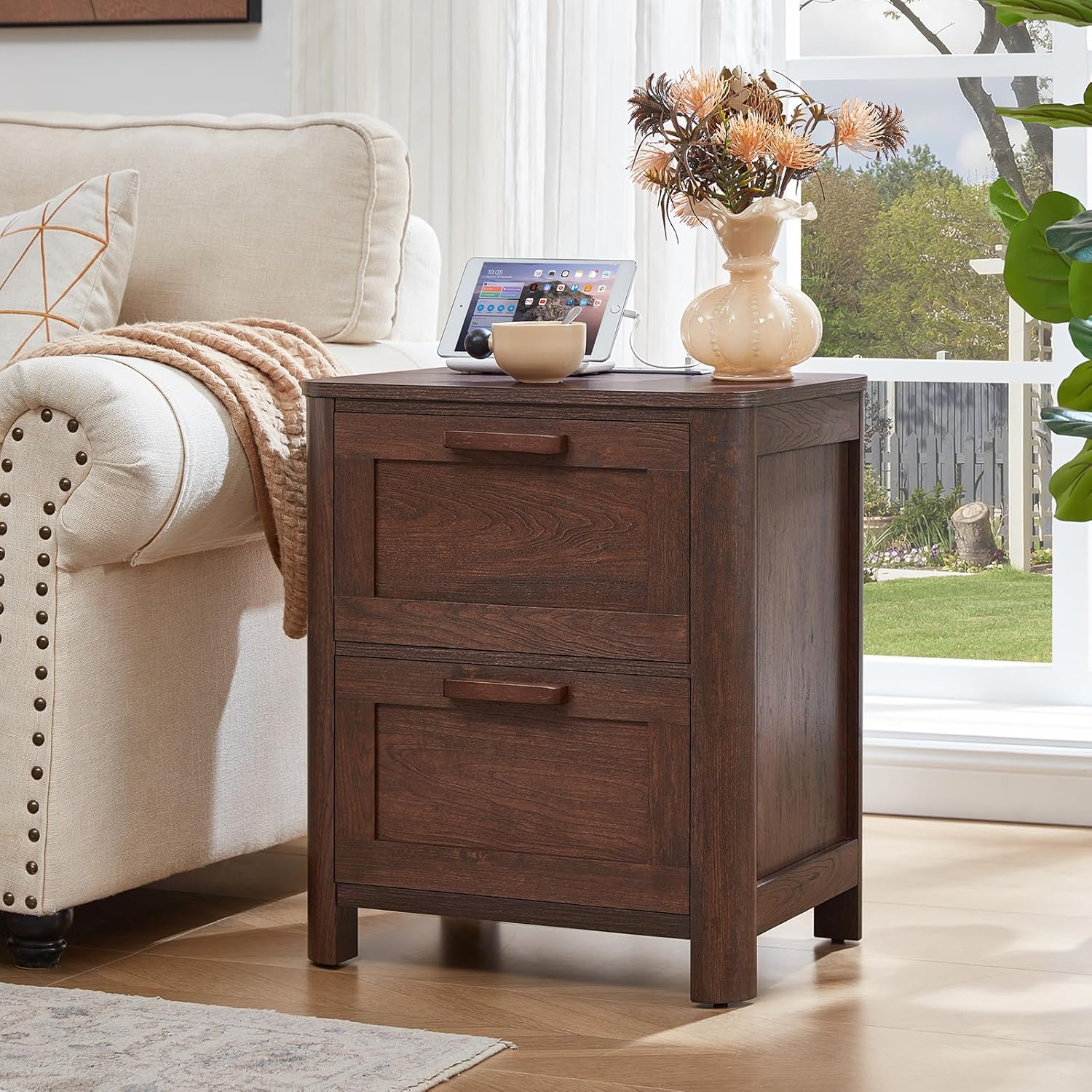 Walnut farmhouse nightstand with two drawers and a charging-ready tabletop