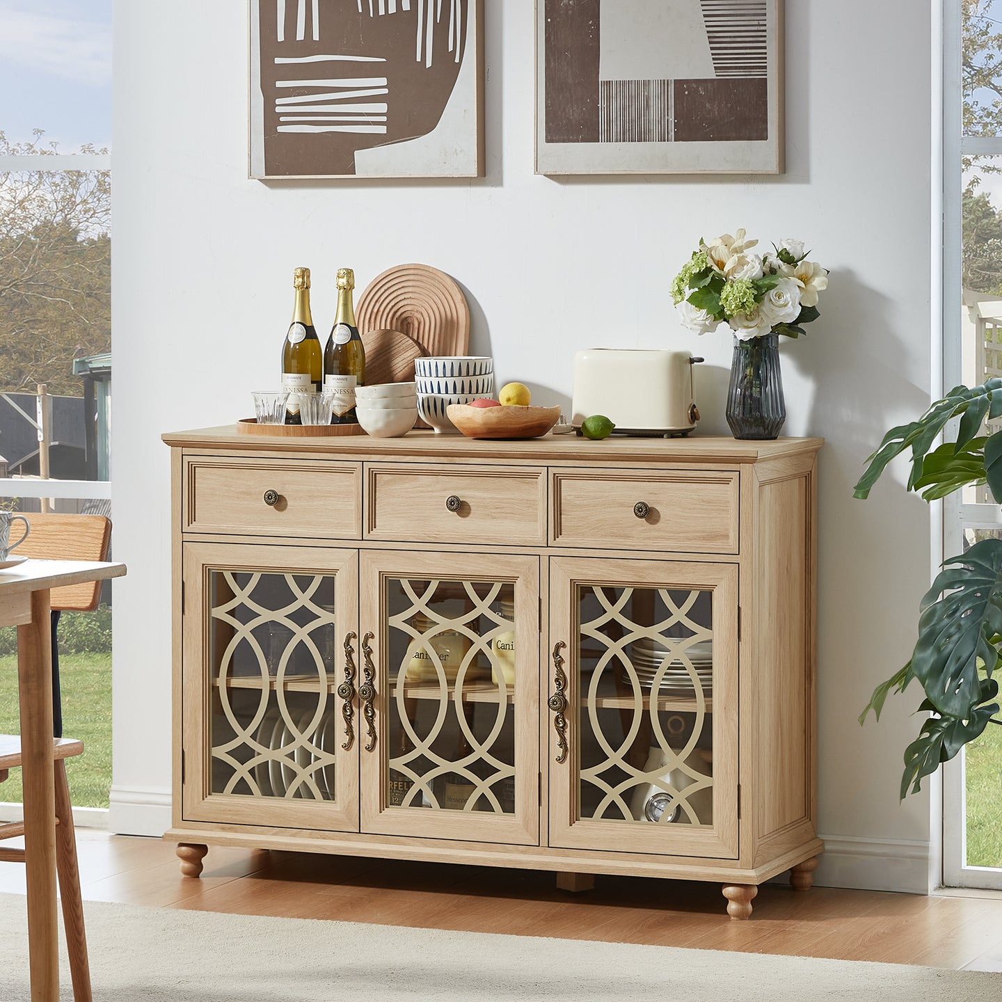 Natural wood sideboard buffet cabinet with drawers and decorative arched glass doors
