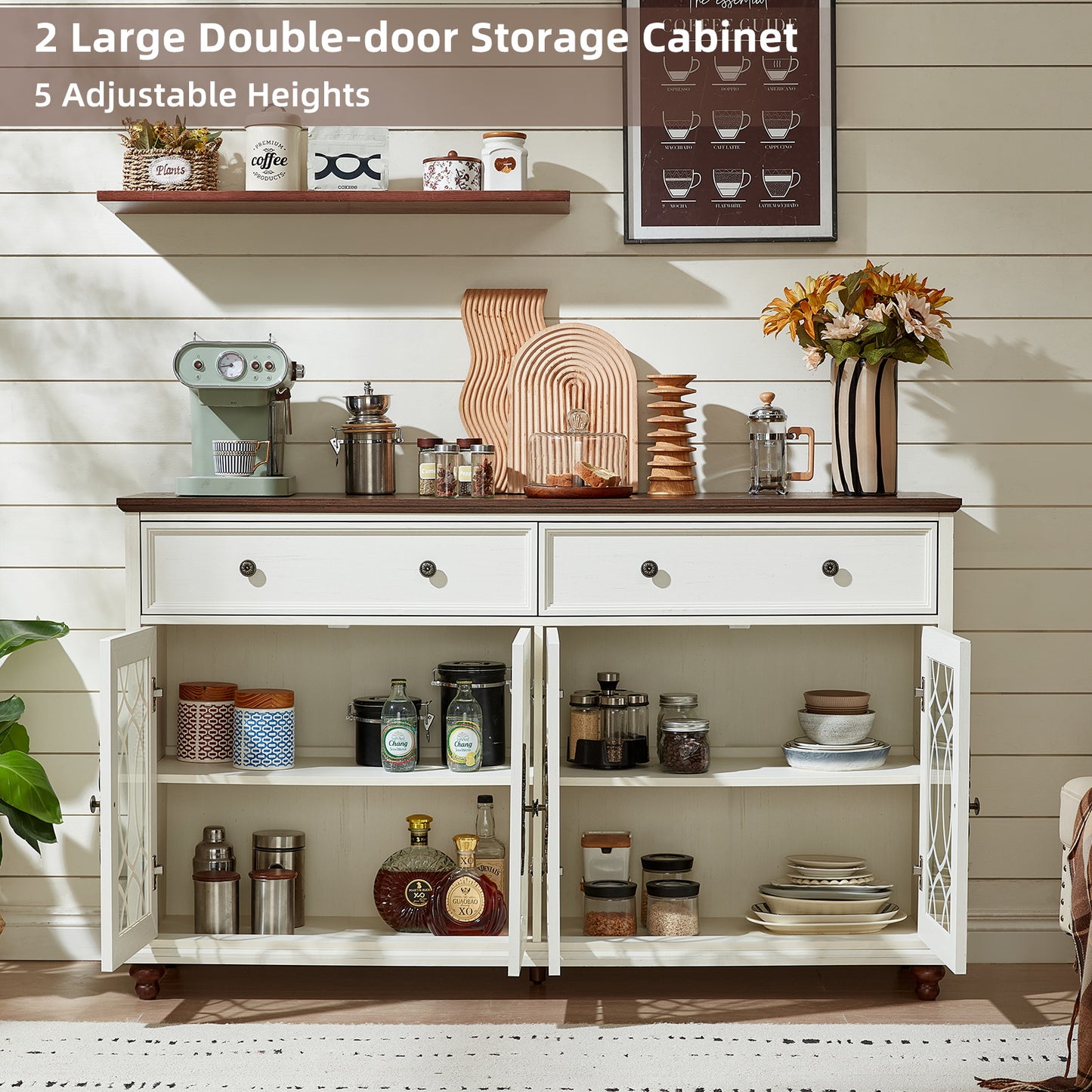 White double-door storage cabinet with multiple adjustable shelves and drawer fronts
