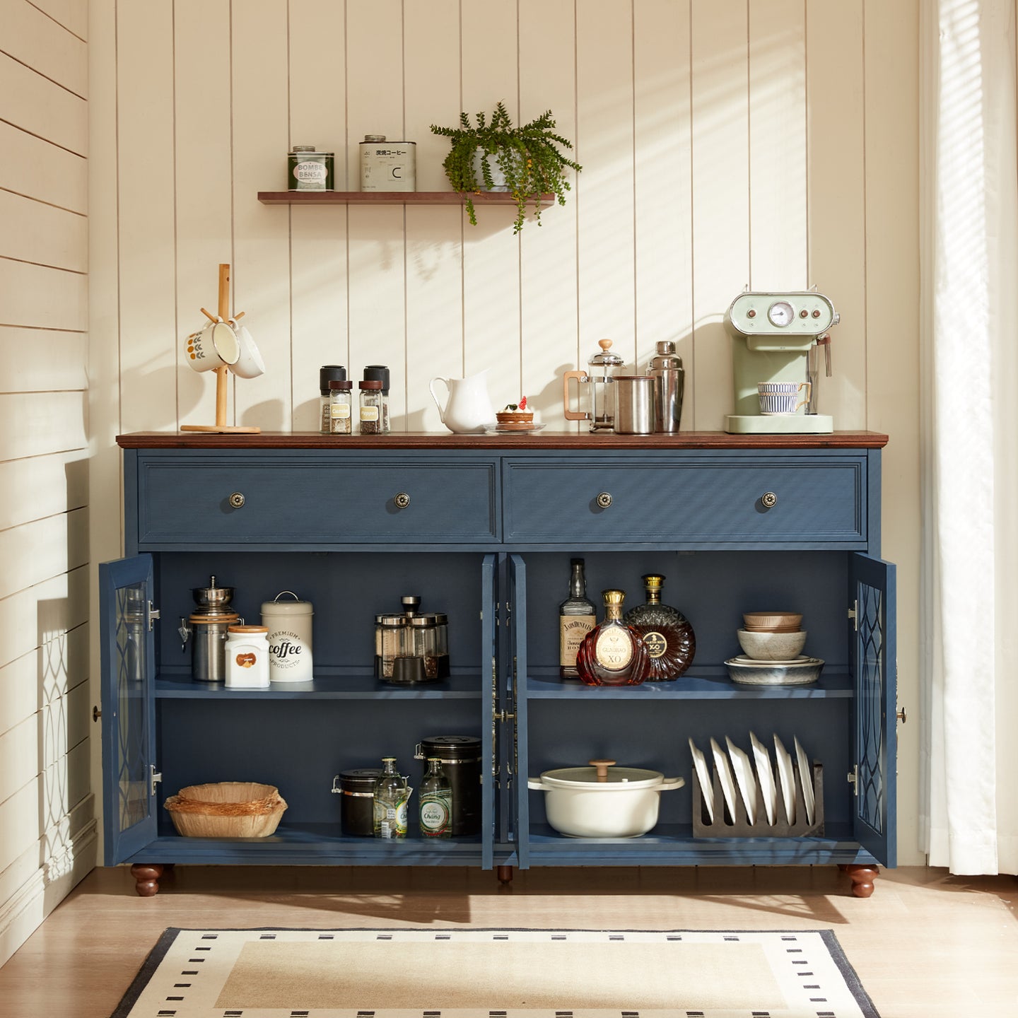 Blue farmhouse sideboard buffet cabinet with open storage compartments and drawers