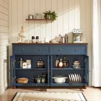 Blue farmhouse sideboard buffet cabinet with open storage compartments and drawers