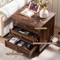 Brown farmhouse nightstand with lift-top shelf, three drawer fronts, metal knobs