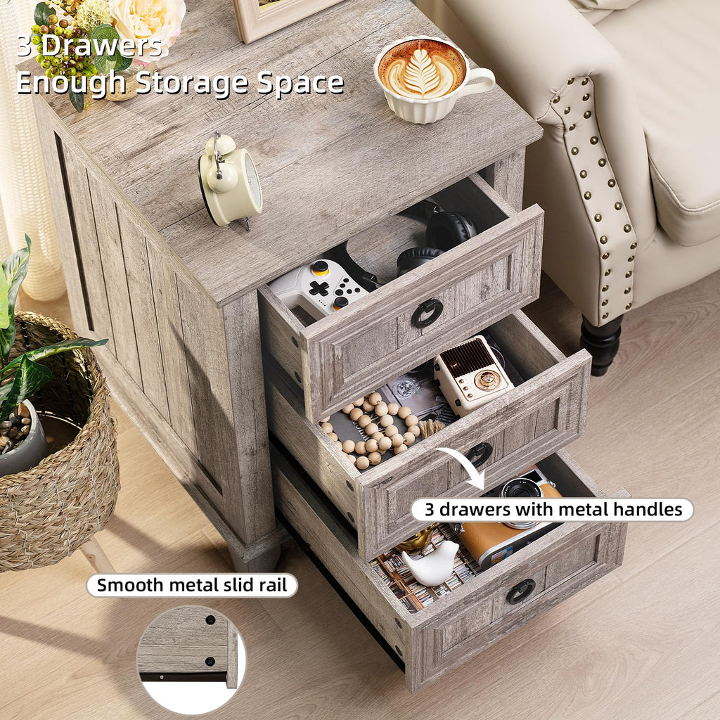 Gray nightstand cabinet open with three drawers and metal handles