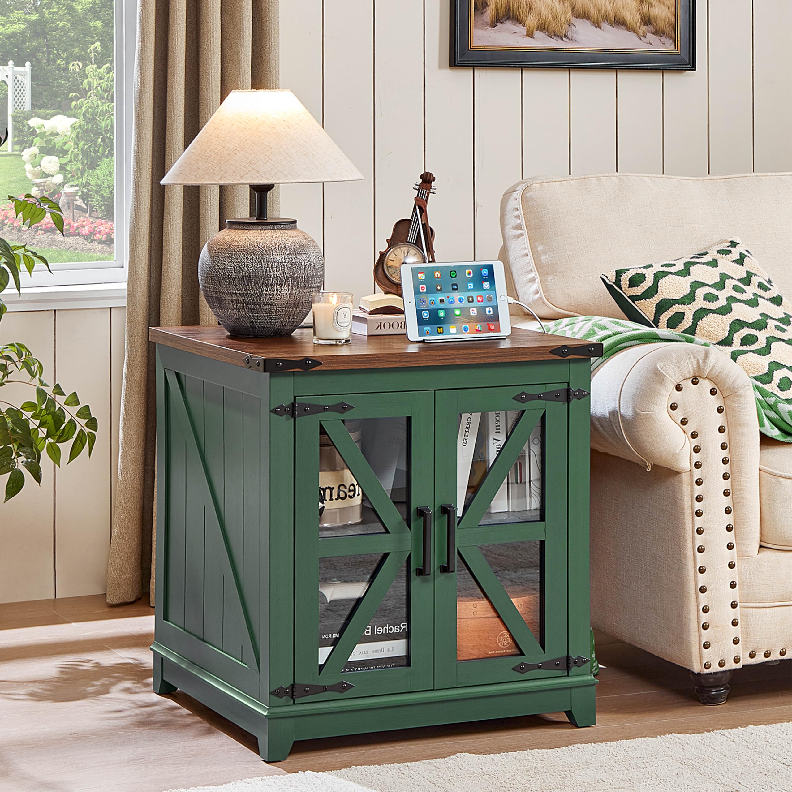 Green farmhouse end table with glass barn doors and wooden top, adjustable shelf
