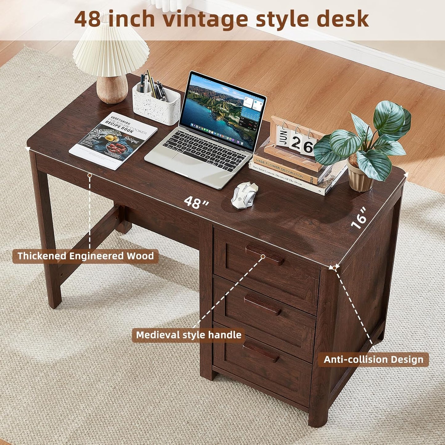 Dark walnut executive desk with drawer cabinet, 48-inch wide desktop