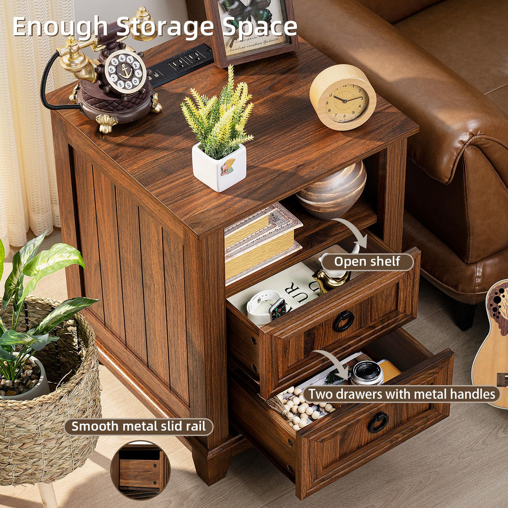 Brown farmhouse nightstand with open shelf, two drawers, and metal pull handles