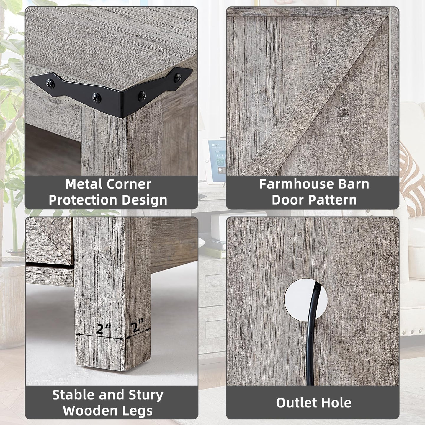 Farmhouse nightstand corner and leg details with metal corner braces and outlet cutout.