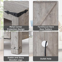 Farmhouse nightstand corner and leg details with metal corner braces and outlet cutout.