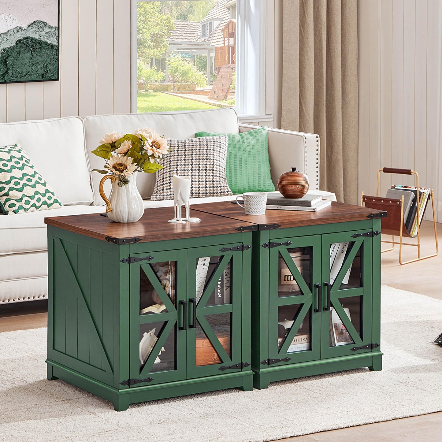 Green farmhouse end table with wood top and glass doors, X-shaped side framing