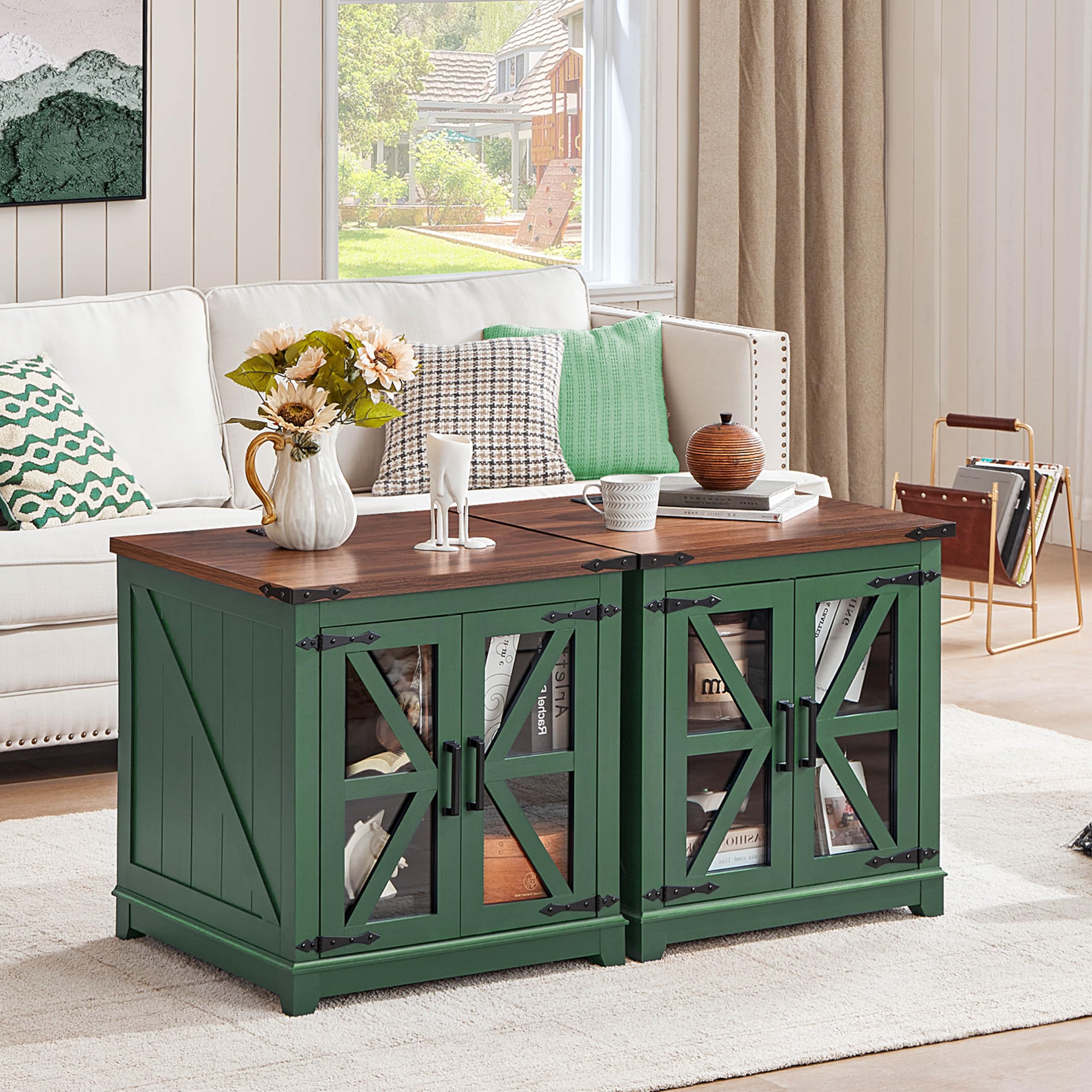Green farmhouse end table with wood top and glass doors, X-shaped side framing