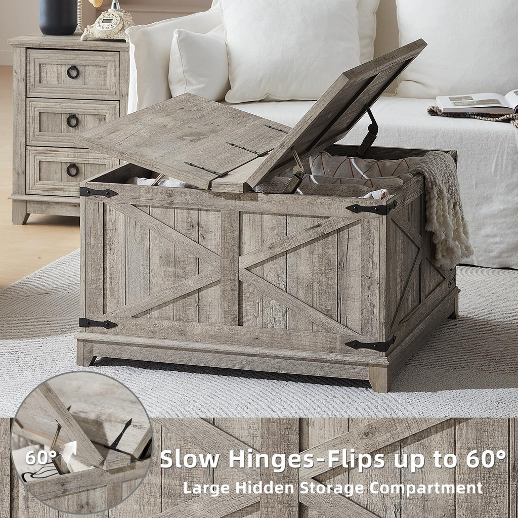 Light rustic wood square coffee table with hinged lift top and open hidden storage