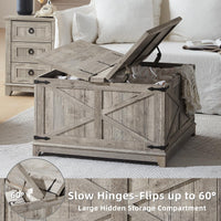 Gray-washed wooden coffee table with open flip-top lid showing hidden storage compartment.
