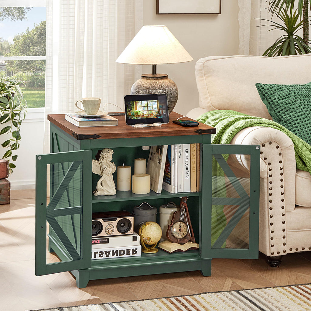 Farmhouse end table with green cabinet doors and glass panels, wood top and lamp