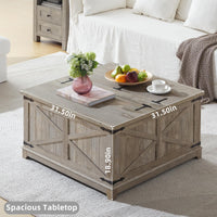Brown wooden farmhouse coffee table with flip-top lid and hidden storage cabinet.
