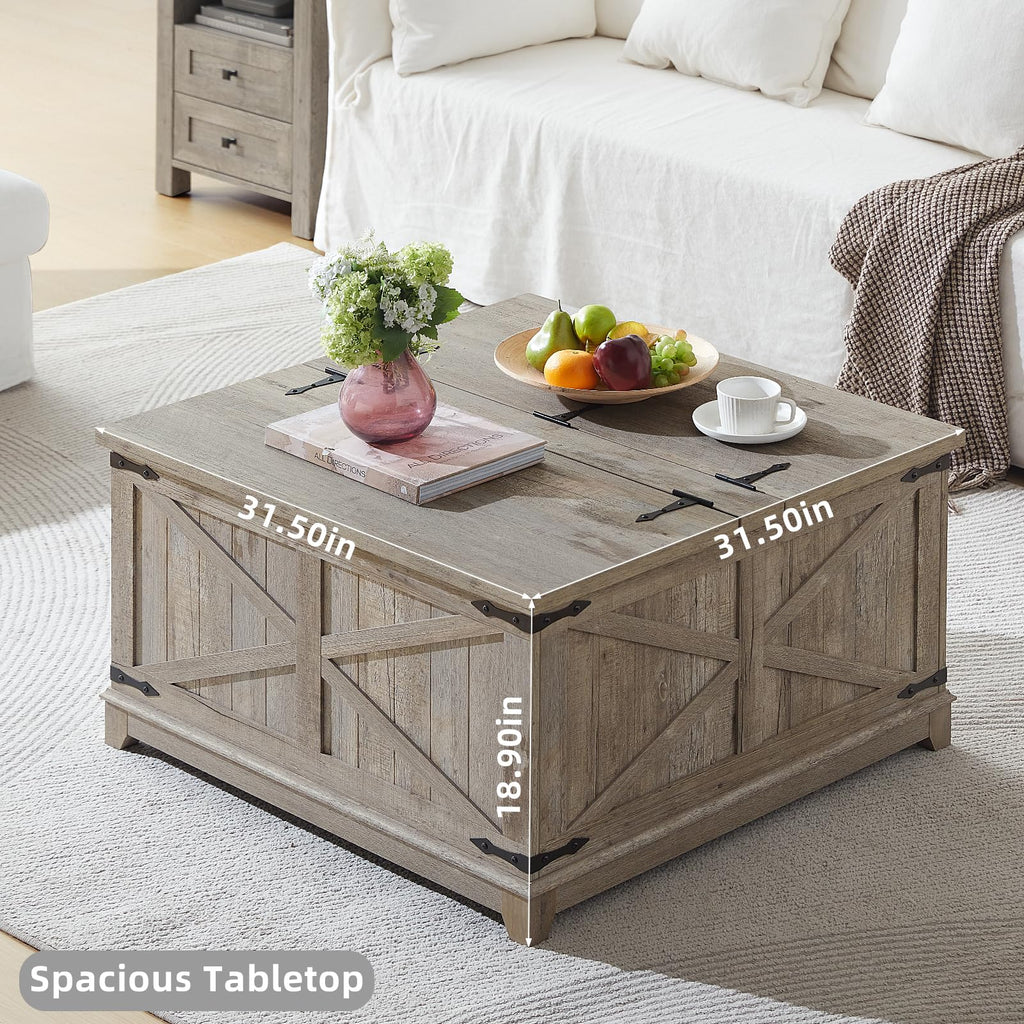 Rustic wood square coffee table with hinged lift top and hidden storage compartment