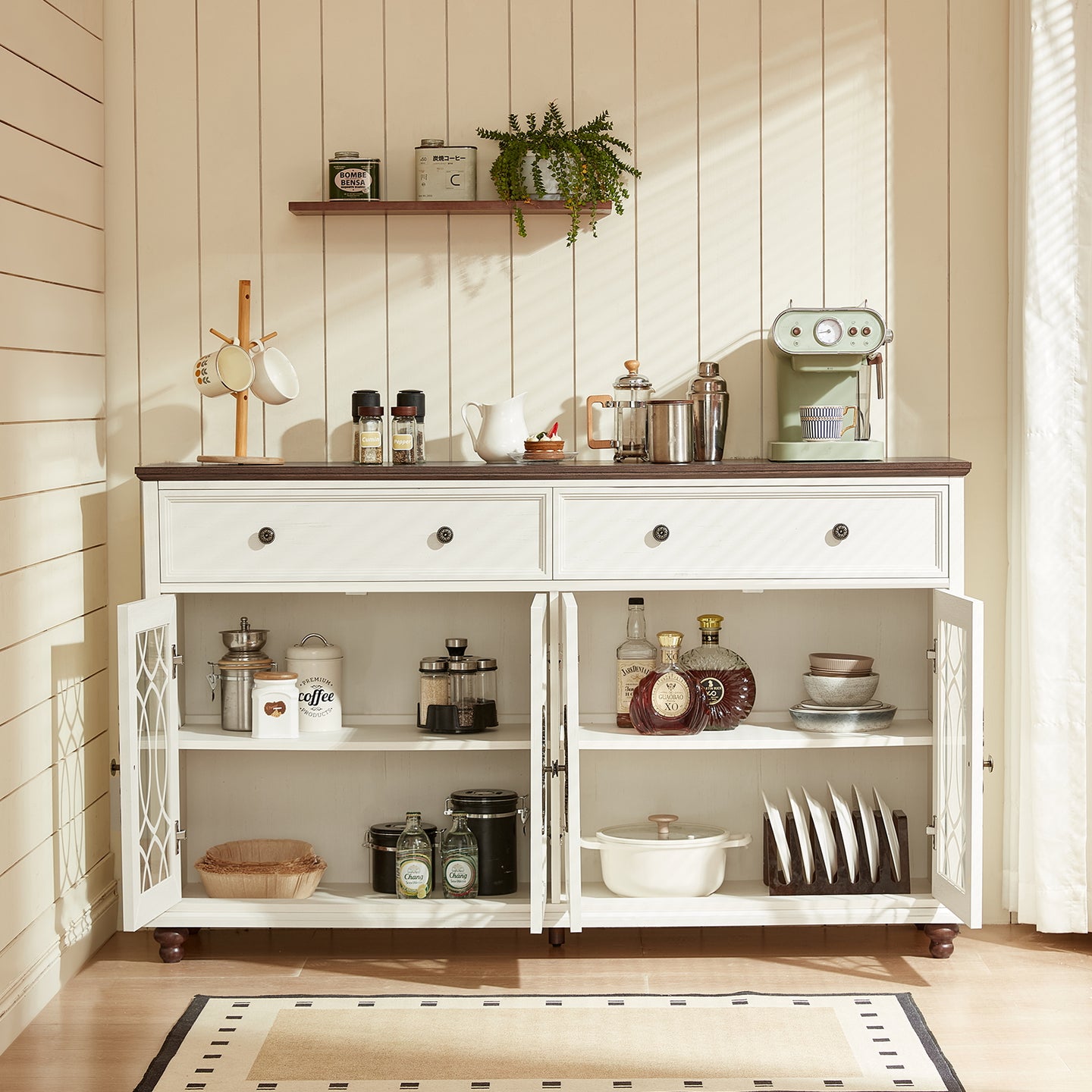White sideboard cabinet with open storage shelves, drawers, and arched glass doors
