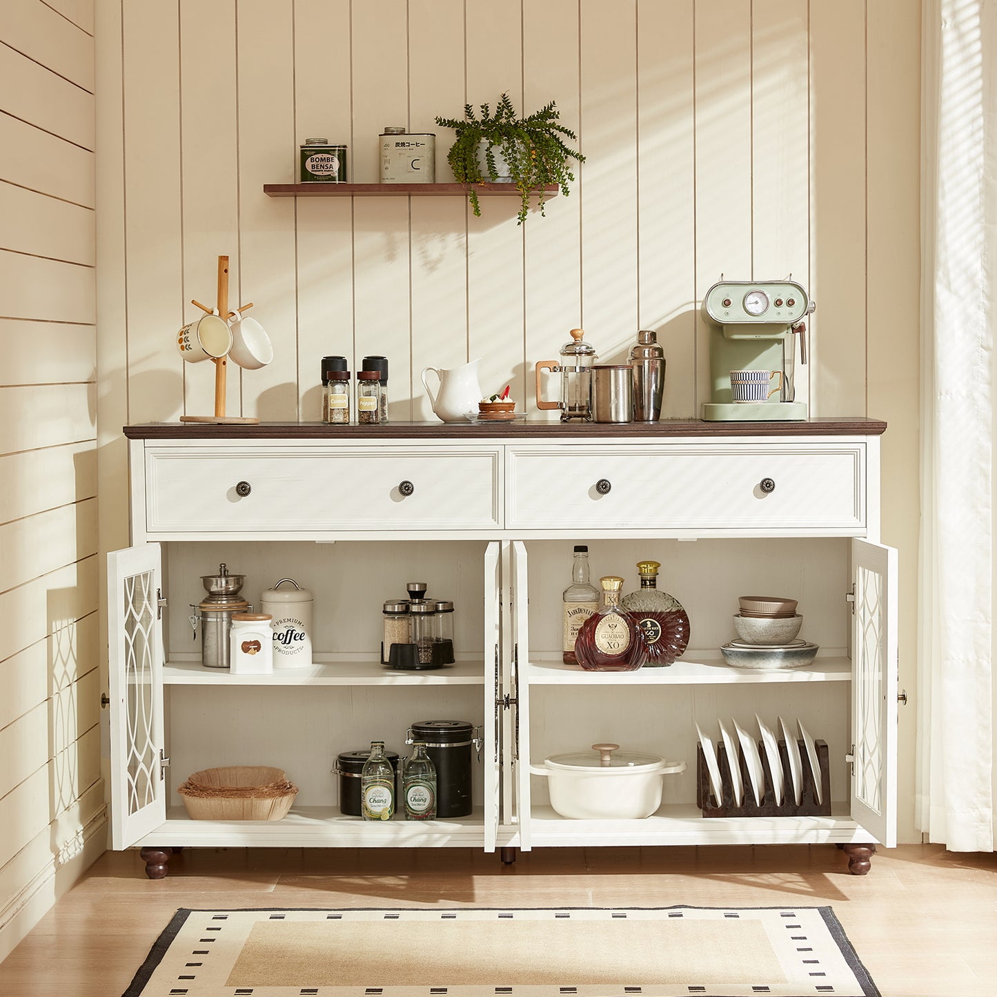 White sideboard cabinet with open storage shelves, drawers, and arched glass doors