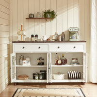 White sideboard cabinet with open storage shelves, drawers, and arched glass doors
