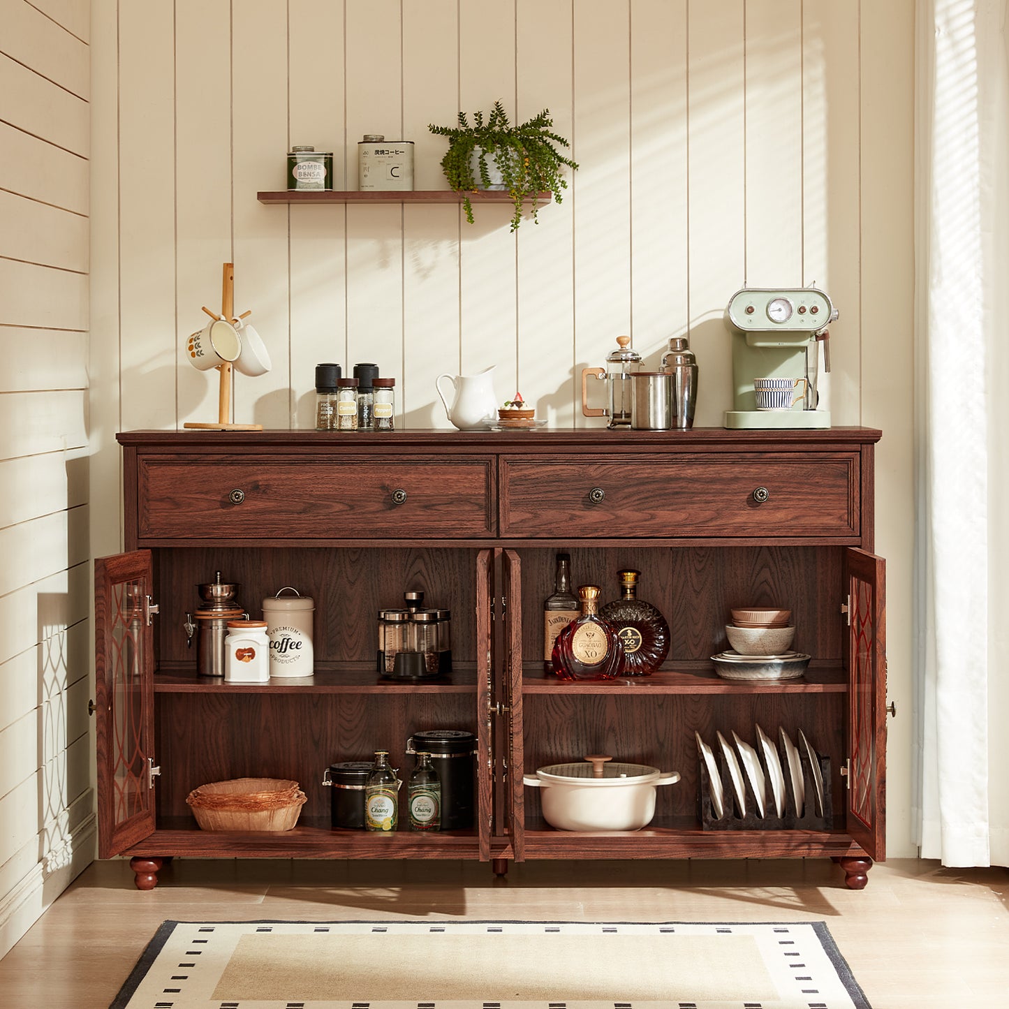 Dark wood farmhouse sideboard buffet cabinet with open storage shelves and drawers